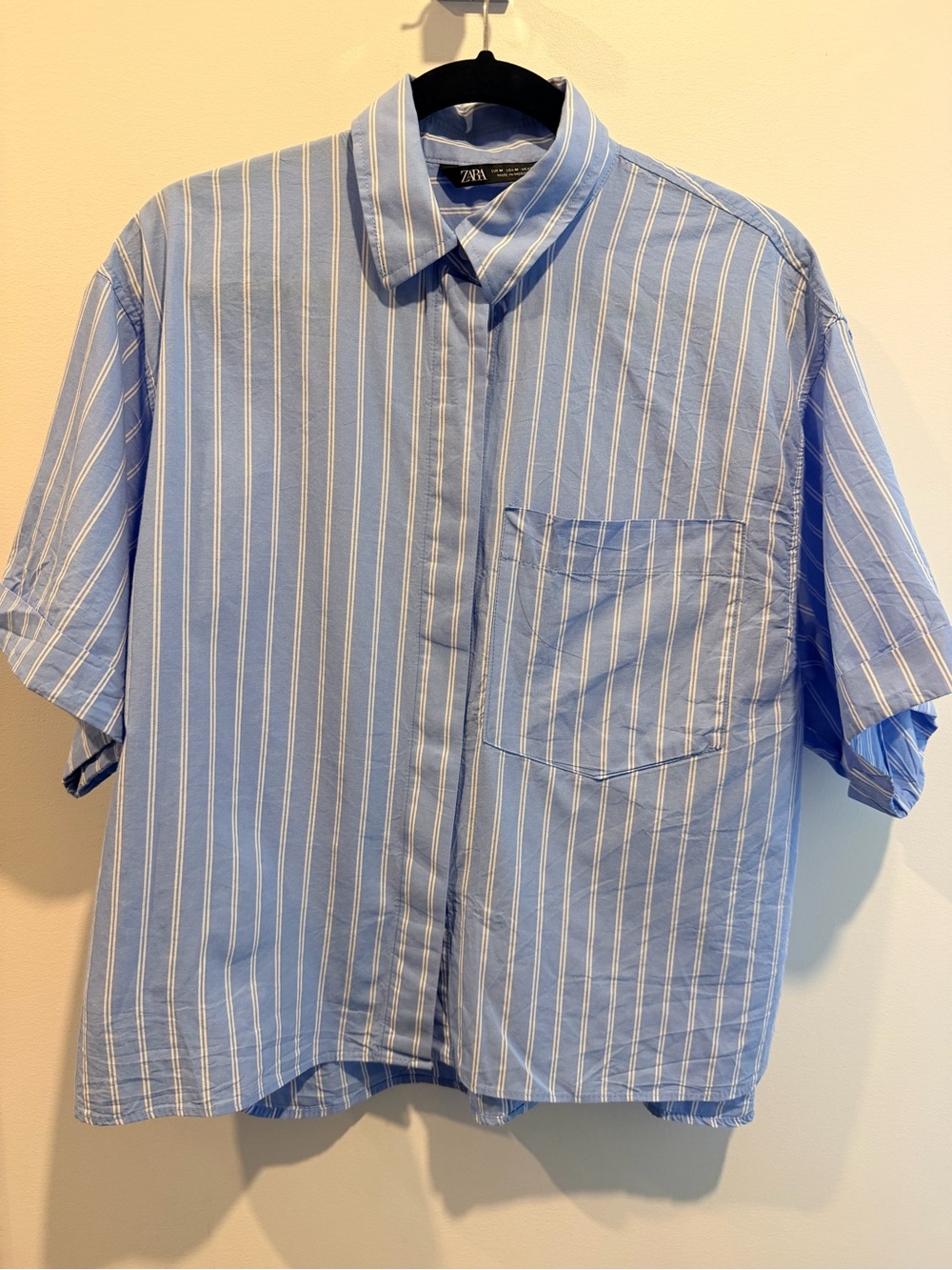 ZARA women's Light Blue Vertical Stripe Short-Sleeve Shirt